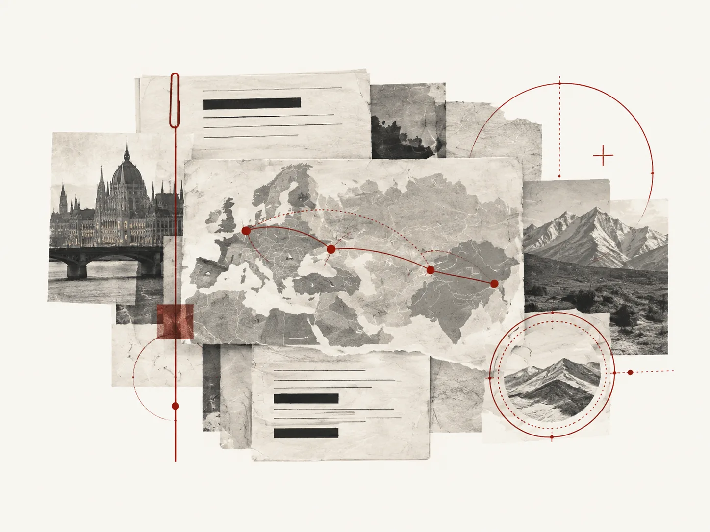 Editorial illustration representing archival records, European and Central Asian geography, and investigative reporting